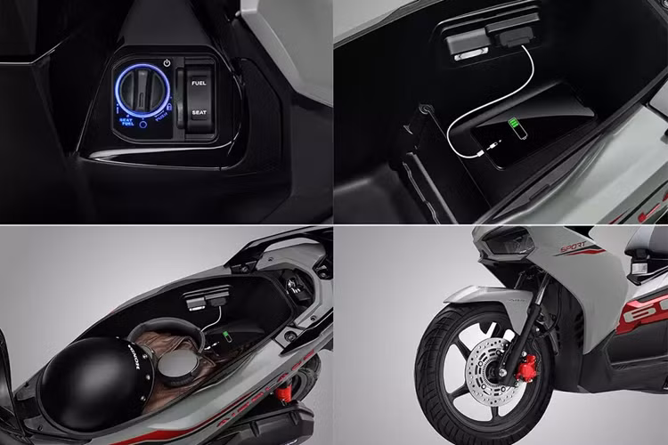 Trong khi đó, phiên bản Cao cấp được thiết kế với ý tưởng kết hợp 2 tông màu tương phản là bạc xanh đen và bạc đỏ đen. Màu đỏ và xanh đen được trang trí xen kẽ từ đầu xe, thân xe đến thanh chắn bùn, cùng với logo Air Blade 3D được mạ crôm.