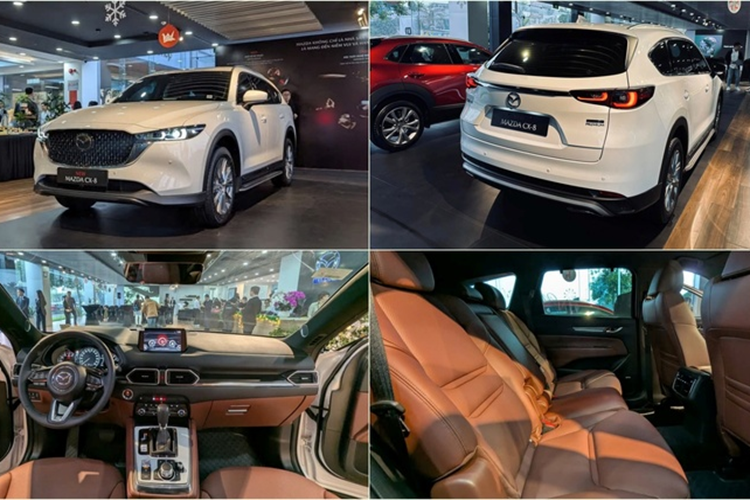Cụ thể, cụm lưới tản nhiệt phía trước đã bóng bảy và vuông vức giống với Mazda CX-5 facelift. Tương tự cụm đèn pha LED với dải đèn LED ban ngày và cụm đèn hậu phía sau cũng kế thừa thiết kế như trên CX-5 facelift. Trong khi đó thân xe SUV Mazda CX-8 2025 không có nhiều thay đổi.