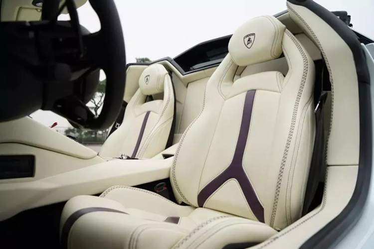 Xe đã được bọc lại da ghế mới 2 màu trắng và sọc tím, cùng với bảng đồng hồ của bản Lamborghini Aventador SV. Trước đó, xe còn từng được độ lên body kit của bản Lamborghini Aventador SVJ, nhưng sau đó đã hạ về bản zin.