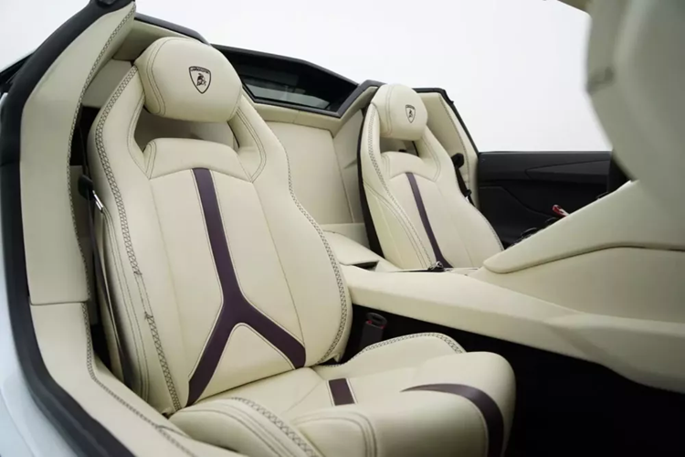 Trước khi mang nội thất màu kem và sọc chữ T cùng chỉ may ghế màu tím, chiếc siêu xe mui trần Lamborghini Aventador LP700-4 Roadster này còn từng được bọc da màu cam nổi bật. Quá trình mang xe về nước khá bí ẩn, chỉ đến khi đại gia lan đột biến mua về, ra biển số của tỉnh Bình Phước, nó mới đươc biết đến rộng rãi trên mạng xã hội.