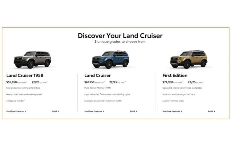 Mẫu xe SUV Land Cruiser Prado 1958 có giá khởi điểm từ 55.950 USD (khoảng 1,37 tỷ đồng). Tên gọi bản này tri ân thế hệ đầu tiên của Land Cruiser được xuất sang Mỹ năm 1958. Điểm nhấn ở phần ngoại thất của bản này là cặp đèn pha LED dạng tròn mang hơi hướng cổ điển.