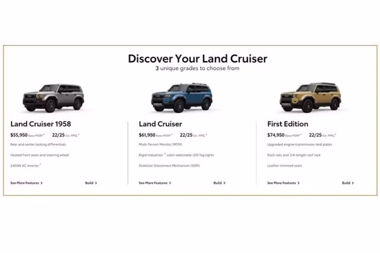 Mẫu xe SUV Land Cruiser Prado 1958 có giá khởi điểm từ 55.950 USD (khoảng 1,37 tỷ đồng). Tên gọi bản này tri ân thế hệ đầu tiên của Land Cruiser được xuất sang Mỹ năm 1958. Điểm nhấn ở phần ngoại thất của bản này là cặp đèn pha LED dạng tròn mang hơi hướng cổ điển.