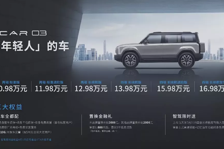 Vào ngày 28/ 2, Chery đã chính thức vén màn chiếc xe iCAR 03, xe có tổng cộng 6 mẫu mới được ra mắt với mức giá dao động từ 109.800 đến 169.800 nhân dân tệ (tương đương 356 cho đến 555 triệu đồng).