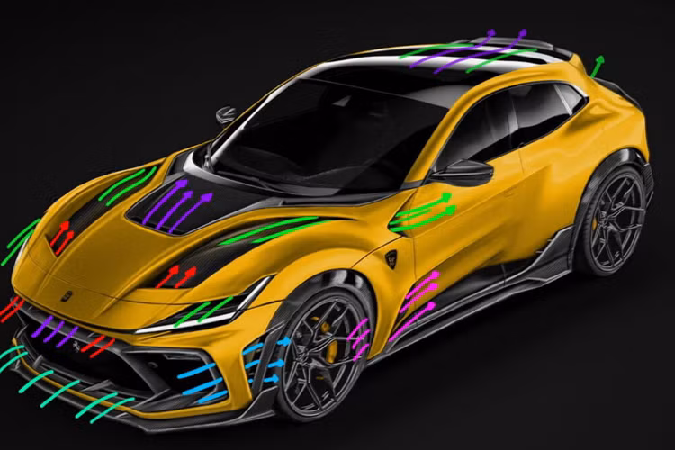 Nắp capo nguyên bản trên xe đã được thay thế bằng nắp capo độ hai tông màu đan xen tạo hiệu ứng 3D mạnh mẽ hơn. Phần đèn trước được mở rộng với thiết kế gợi nhớ đến những mẫu xe tiền nhiệm như FF và GTC4 Lusso.