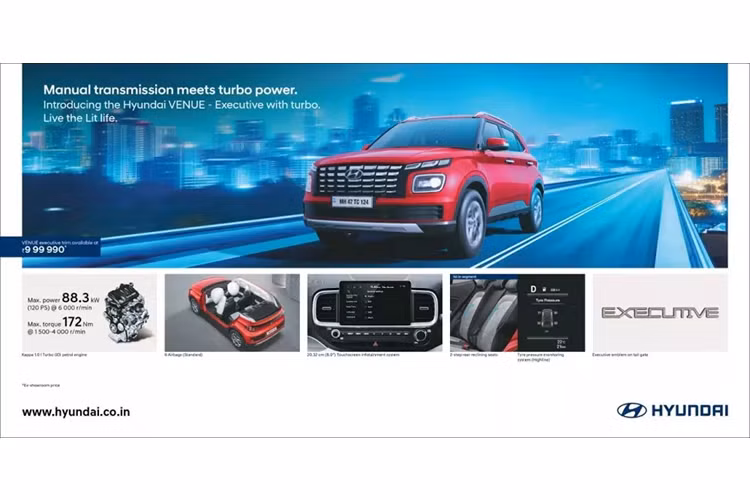 Là phiên bản tầm trung của dòng xe Hyundai Venue giá rẻ tại Ấn Độ, Executive nằm giữa 2 bản S và S(O) đồng thời có giá 999.000 Rupee (khoảng 298 triệu đồng). Hyundai Venue Executive 2024 chỉ dùng động cơ xăng Kappa T-GDI tăng áp, phun xăng trực tiếp, dung tích 1.0L, sản sinh công suất tối đa 118 mã lực và mô-men xoắn cực đại 172 Nm.