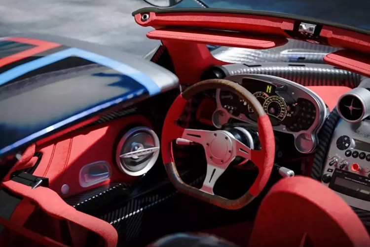 Phần lớn thân xe được hoàn thiện bằng sợi carbon dạng đặc biệt với lớp hoàn thiện màu bạc trông rất ấn tượng. Các yếu tố này tương phản với sợi carbon màu xanh đậm, bao gồm trên vòm bánh xe phía trước, tấm ốp bệ cửa, nắp capo, viền đèn pha, hốc gió trên nóc xe, vây cá mập và cánh gió sau lớn.