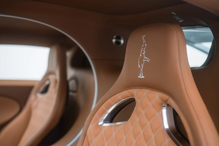 Tựa đầu mỗi ghế được thêu họa tiết "Dancing Elephant" (chú voi nhảy múa) của Rembrandt Bugatti. Hình ảnh này cũng xuất hiện trên các mẫu xe khác của Bugatti như W16 Mistral...