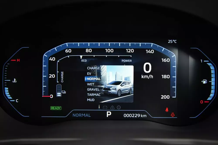 Bên cạnh đó là 7 chế độ lái, bao gồm Thông thường (Normal), Đường trơn (Wet), Đường sỏi (Gravel), Đường nhựa (Tarmac), Đường bùn (Mud), EV (chạy 100% bằng điện) và EV Charge (sạc pin).