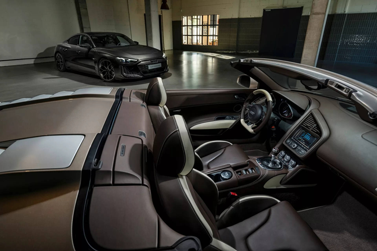 Các tấm trung tâm của ghế, vòm vai và tựa lưng được hoàn thiện với màu xám Mint Gray và tương phản với các đường trang trí màu tím More Violet. Gỗ bạch đàn được chọn để khảm trang trí trên bảng điều khiển. Tấm lót cửa bằng sợi nhỏ Dinamica màu xám bạc hà với huy hiệu Audi Exclusive và lưới loa phối hợp màu sắc.