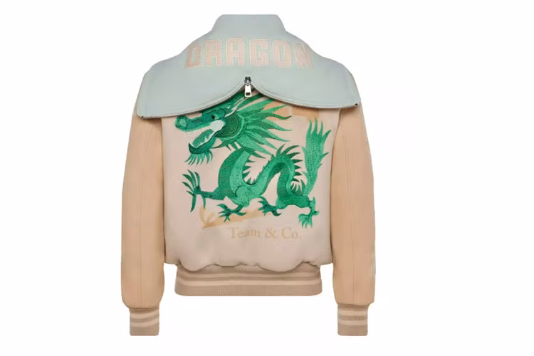 Các họa tiết rồng xanh lục bảo được thêu nổi trên ngực trái và mặt lưng sau, biểu tượng chữ “V” của Vespa trên ngực phải.