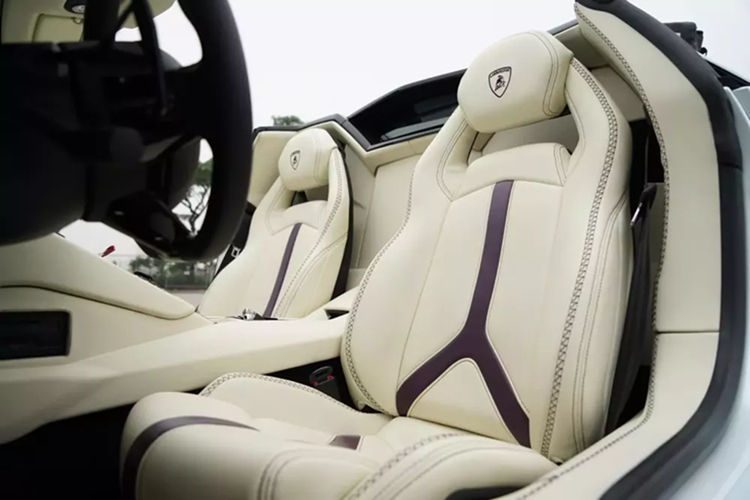 Chiếc xe Lamborghini Aventador LP700-4 Roadster này hiện mang màu trắng, kết hợp mui màu đen và bộ mâm độ đa chấu kép. Xe đã được bọc lại da ghế mới 2 màu trắng và sọc tím, cùng với bảng đồng hồ của bản Lamborghini Aventador SV.