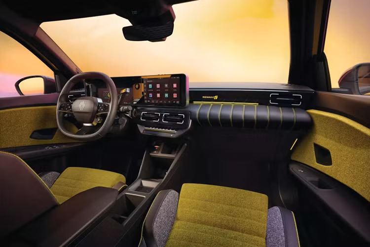 Bên cạnh đó là chắn bùn mở rộng giống với Renault 5 Turbo nổi tiếng. Chi tiết này giúp Renault 5 E-Tech có ngoại hình như những mẫu xe hatchback hiệu suất cao. Bên trong Renault 5 E-Tech là không gian nội thất cũng đậm chất hoài cổ với những màu sắc nổi bật.