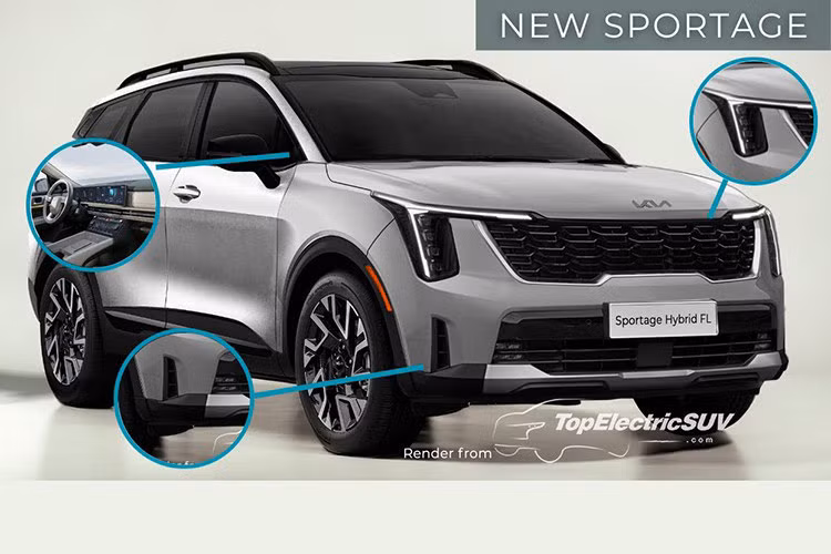Thay đổi lớn nhất của Sportage 2025 sẽ nằm ở phần đầu xe với dải đèn LED định vị ban ngày thiết kế dạng bản đồ sao tương tự như mẫu Carnival, thay thế cho hình lưỡi liềm trên phiên bản cũ.