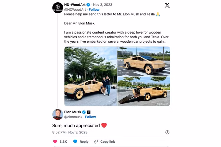 Trong những năm qua, tôi đã bắt tay vào thực hiện một số dự án làm xe gỗ để tích lũy những kinh nghiệm quý báu. Và hôm nay tôi đã ra mắt một chiếc xe mà tôi rất ấn tượng đó là Cybertruck. Đó cũng là chiếc xe được nhiều khán giả yêu thích và muốn tôi chế tạo.