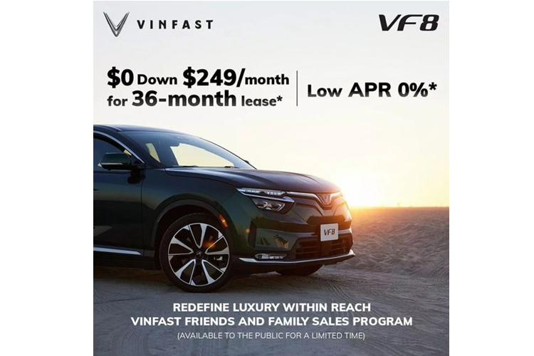 Mới đây VinFast đã công bố chương trình ưu đãi thuê xe VinFast VF8, áp dụng đến hết ngày 31/1. Theo đó, giá thuê xe được giảm xuống còn 249 USD (6 triệu đồng) mỗi tháng, đi kèm chi phí đặt cọc là 944 USD (24,2 triệu đồng). Như vậy, tổng chi phí thuê xe hàng tháng thực tế chỉ còn 275 USD (quy đổi hơn 6,7 triệu đồng).
