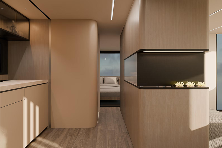 Thân xe phía ghế lái cũng mở rộng được thêm 2,4 mét để làm không gian cho ghế sofa thư giãn và bàn ăn. Riêng thân xe phía ghế phụ chỉ mở ra 0,7 mét đủ cho lối đi ra/vào xe, cũng như giúp khu vực bếp và phòng vệ sinh thêm phần thông thoáng.