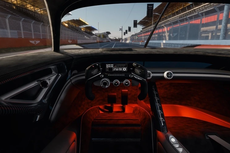 Nội thất của Genesis X Gran Racer Vision GT Concept được thiết kế đậm chất xe đua với chất liệu Alcantara và sợi carbon, đặc biệt là màn hình Digital Panorama.