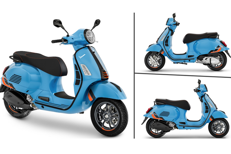 Vespa GTS SuperSport là phiên bản thể thao, điểm nhấn là bộ mâm màu than chì cùng các chi tiết phối màu đen nhưng đường viền thân xe, “cà vạt” được hoàn thiện với hoạ tiết giống carbon cùng dải màu cam dạ quang.