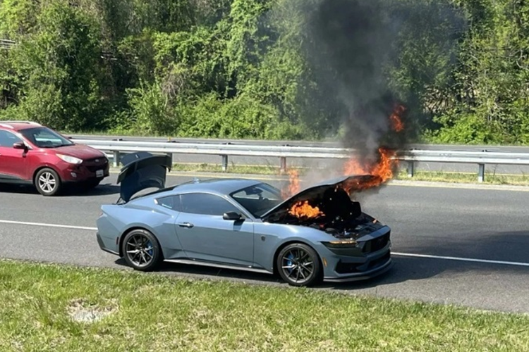 Chưa đầy 3 phút sau khi dừng xe, khoang động cơ bất ngờ xuất hiện khói đen và có lửa cháy lan ra. Sau khi ngọn lửa bùng phát, lực lượng chức năng có có mặt và kịp thời khống chế đám cháy xe Ford Mustang Dark Horse.