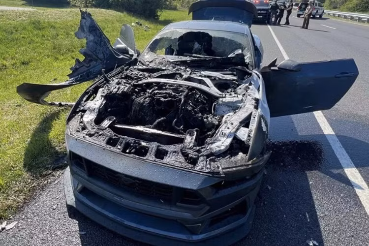 Tuy nhiên, khoang động cơ của chiếc Ford Mustang Dark Horse gần như bị thiêu rụi. Các chi tiết bằng kim loại thậm chí còn bị biến dạng trước nhiệt độ cao. 