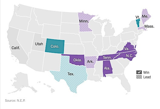 Kết quả bầu cử ở 14 bang trong ngày "Siêu Thứ Ba" có ý nghĩa quyết định đối với việc lựa chọn ứng viên tổng thống của phe Dân chủ. Đồ họa: New York Times.