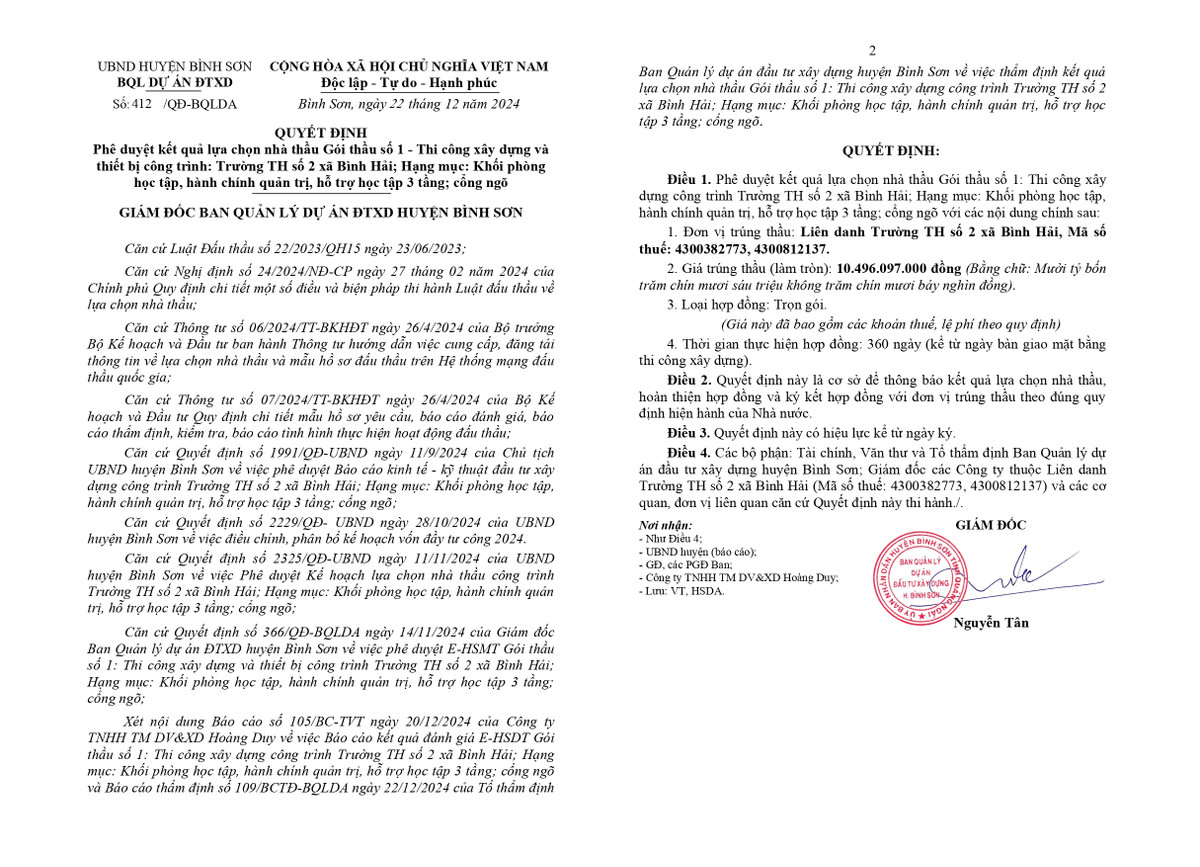 Quảng Ngãi: Liên danh Dũng Lan - Đồng Tâm, 1 ngày trúng 2 gói thầu tại Bình Sơn Quang Ngai: Lien danh Dung Lan - Dong Tam, 1 ngay trung 2 goi thau tai Binh Son