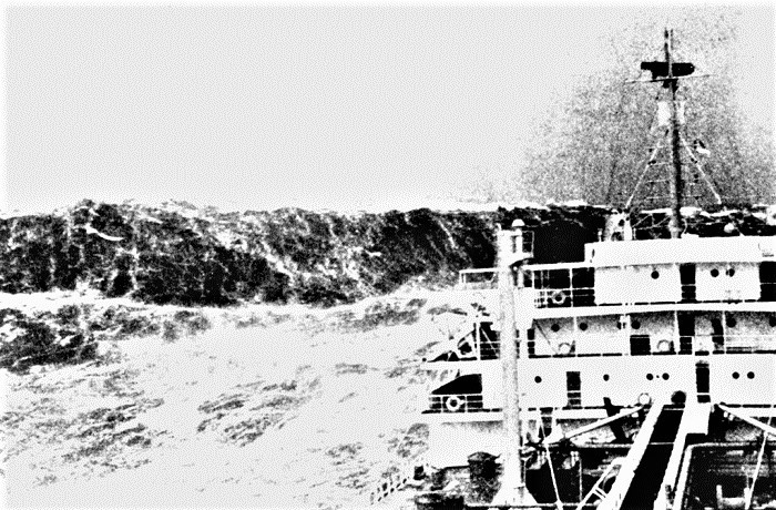 Sóng quái vật (Rogue Waves): Thường được gọi là sóng quái vật hay sóng sát thủ, Rogue Waves là sóng cực lớn, lớn hơn gấp đôi kích thước của những con sóng xung quanh. Được biết đến với sự xuất hiện bất ngờ của nó, Rogue Wave có sức mạnh khủng khiếp và thậm chí có thể ập lên tới đỉnh của những con tàu lớn. Ngoài sức mạnh của nó, những con sóng như vậy rất nguy hiểm vì chúng thường xuất hiện từ các hướng khác với luồng gió và sóng. Ảnh: marineinsight.com 