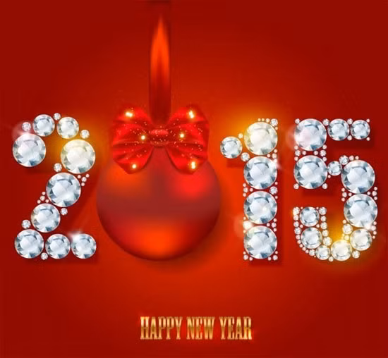 Năm mới đi liền với sự hứng khởi, niềm vui và niềm hy vọng về những điều tốt đẹp sẽ đến, vì vậy nhiều tấm thiệp chúc mừng năm mới 2015 tràn ngập sắc đỏ. Ngoài ra, pháo hoa, hoa, rượu, những quả bóng trang trí... cũng là "chất liệu" thường thấy.