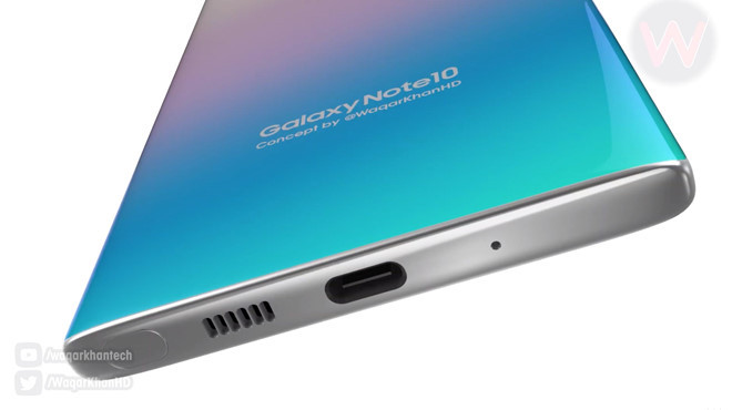Trong bản dựng này, Note 10 không được trang bị jack cắm tai nghe. Phần dưới của thiết bị chỉ có cổng USC-C, chỗ cắm bút S Pen và loa ngoài.