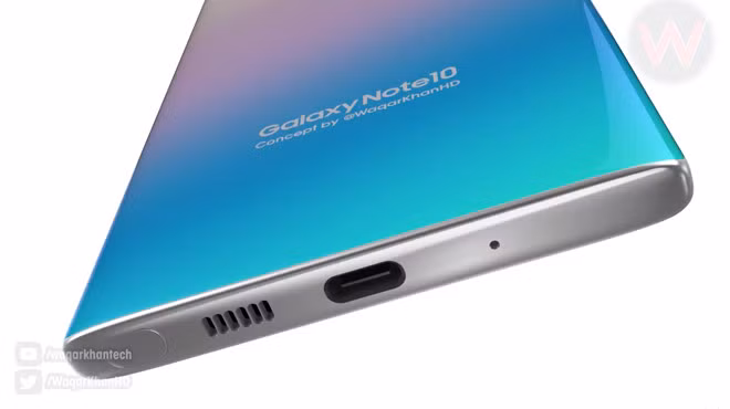 Trong bản dựng này, Note 10 không được trang bị jack cắm tai nghe. Phần dưới của thiết bị chỉ có cổng USC-C, chỗ cắm bút S Pen và loa ngoài.