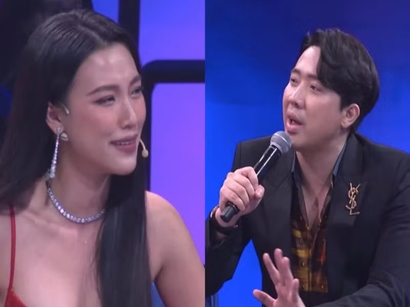 Trong chương trình Người ấy là ai phát sóng tháng 6/2022, Trấn Thành “rao bán” Anh Đức cho MC Hoàng Oanh. Ảnh: Tiền Phong.