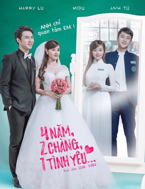 Trong poster phim 4 năm, 2 chàng, 1 tình yêu, Midu lại mặc váy cưới bên Anh Tú. Ảnh: Fanpage phim