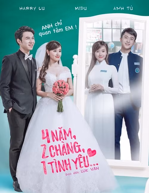 Trong poster phim 4 năm, 2 chàng, 1 tình yêu, Midu lại mặc váy cưới bên Anh Tú. Ảnh: Fanpage phim
