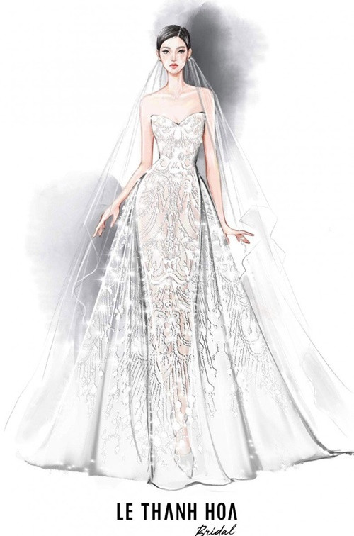 NTK Lê Thanh Hòa cho biết, chiếc váy cưới của Midu nằm trong một bộ sưu tập của anh, là hình ảnh đại diện cho những bông hoa tuyết đầu mùa. Anh tận tay vẽ lại mẫu váy để phù hợp với nhan sắc của Midu. Ảnh: Đời Sống Việt Nam.
