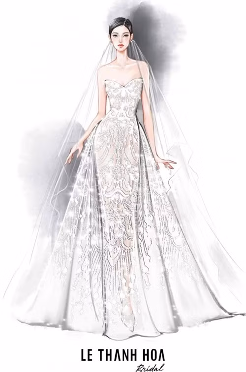 NTK Lê Thanh Hòa cho biết, chiếc váy cưới của Midu nằm trong một bộ sưu tập của anh, là hình ảnh đại diện cho những bông hoa tuyết đầu mùa. Anh tận tay vẽ lại mẫu váy để phù hợp với nhan sắc của Midu. Ảnh: Đời Sống Việt Nam.
