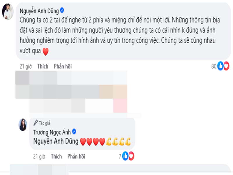 Ngoài ra, Trương Ngọc Ánh còn bênh vực bạn trai Anh Dũng. "Dũng đàng hoàng, tử tế, tốt bụng, chăm chỉ... cũng bị tung tin đồn bậy bạ gây ảnh hưởng hình ảnh của bạn", Trương Ngọc Ánh viết. Sau chia sẻ của Trương Ngọc Ánh, Anh Dũng để lại bình luận: “Chúng ta có hai tai để nghe từ hai phía và miệng chỉ để nói một lời. Những thông tin bịa đặt và sai lệch đó làm những người yêu thương chúng ta có cái nhìn không đúng và ảnh hưởng nghiêm trọng tới hình ảnh và uy tín trong công việc. Chúng ta sẽ cùng nhau vượt qua”.