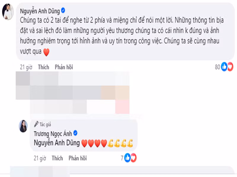 Ngoài ra, Trương Ngọc Ánh còn bênh vực bạn trai Anh Dũng. "Dũng đàng hoàng, tử tế, tốt bụng, chăm chỉ... cũng bị tung tin đồn bậy bạ gây ảnh hưởng hình ảnh của bạn", Trương Ngọc Ánh viết. Sau chia sẻ của Trương Ngọc Ánh, Anh Dũng để lại bình luận: “Chúng ta có hai tai để nghe từ hai phía và miệng chỉ để nói một lời. Những thông tin bịa đặt và sai lệch đó làm những người yêu thương chúng ta có cái nhìn không đúng và ảnh hưởng nghiêm trọng tới hình ảnh và uy tín trong công việc. Chúng ta sẽ cùng nhau vượt qua”.