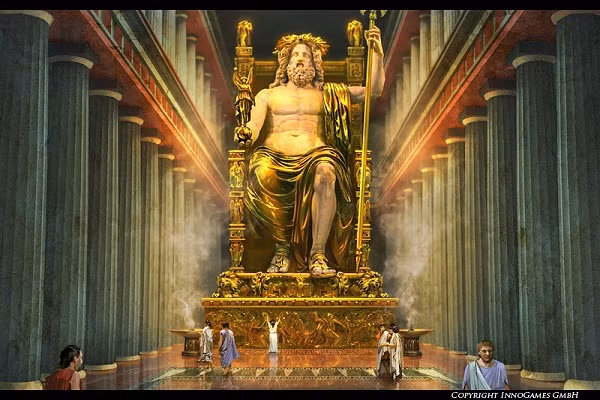 Tượng thần Zeus được đặt ở Olympia là một kỳ quan thế giới cổ đại được nhiều người biết đến. Với chiều cao 12m, bức tượng tạc chân dung thần Zeus ngồi trên ngai vàng, tay phải cầm một pho tượng thần chiến thắng và tay trái cầm vương trượng. Đến những năm 400 sau Công nguyên, công trình bị phá hủy trong trận hỏa hoạn dữ dội.