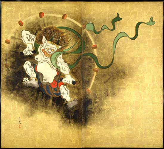 Thần Raijin thường được miêu tả có hình dạng dữ tợn của một con quỷ đang đánh trống để tạo ra sấm chớp.