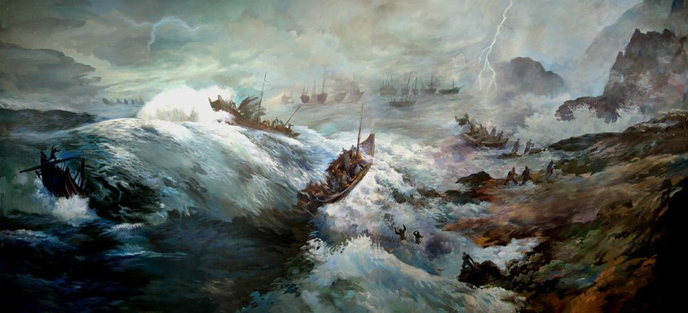 Trong khi hai bên đang ở thế giằng co, một cơn cuồng phong nổi lên. Theo đó, thảm kịch thiên nhiên này khiến nhiều tàu chiến của Mông Cổ va vào nhau hoặc đâm vào mỏm đá khiến hàng ngàn binh lính chết đuối. Do chỉ còn vài trăm tàu chiến và không đủ sức chiến đấu giành chiến thắng trước Nhật Bản, lực lượng Mông Cổ rút quân về nước.