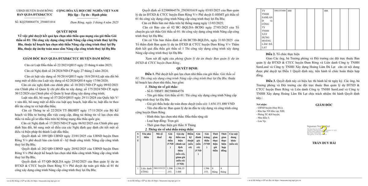 Lam Dong: Ai trung goi thau nang cap thuy loi Da Blu?