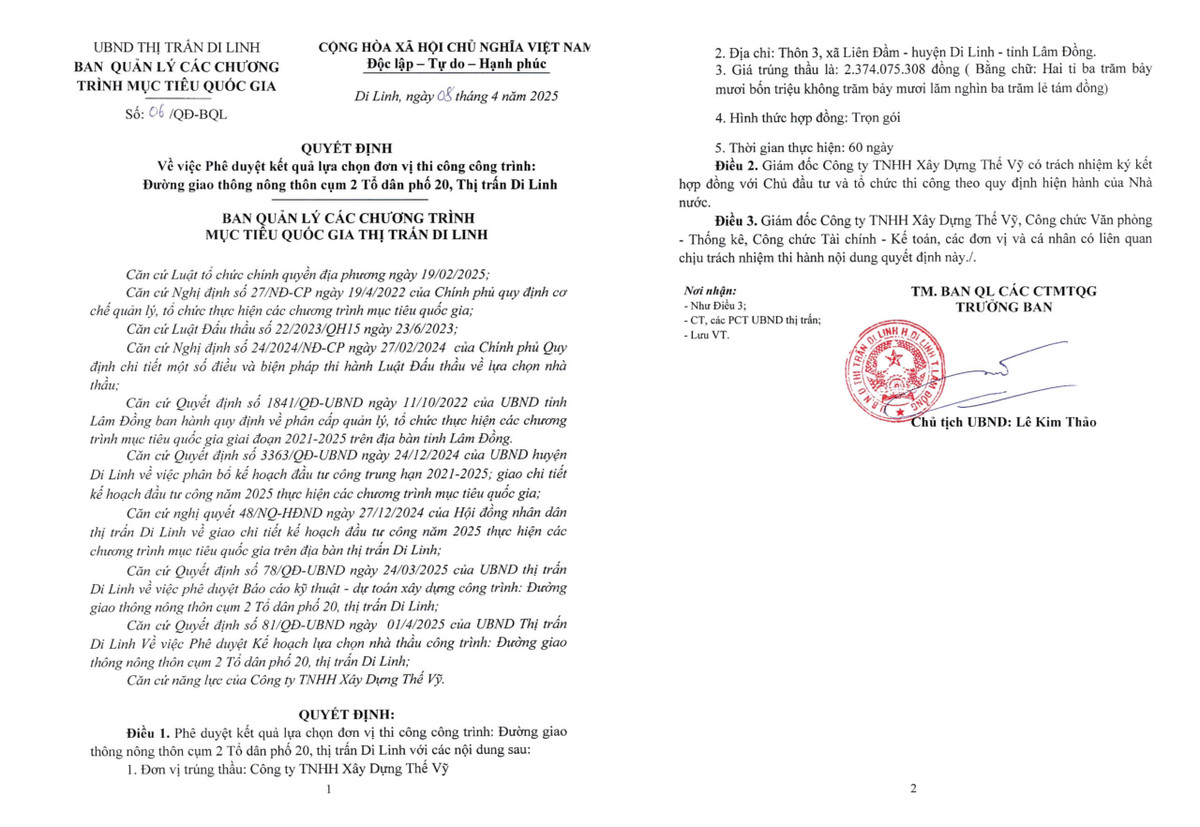 Lâm Đồng: Cty Thế Vỹ được chỉ định xây dựng công trình đường GTNT Lam Dong: Cty The Vy duoc chi dinh xay dung cong trinh duong GTNT