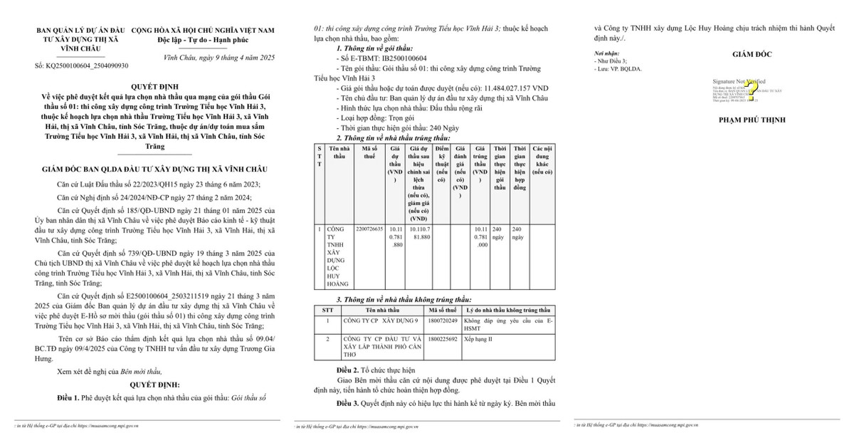 Soc Trang: Goi xay dung cong trinh Truong Vinh Hai 3 da tim duoc nha thau
