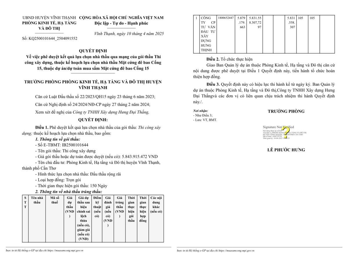 Can Tho: Duy nhat Cty Hung Thinh trung goi thi cong mat cung de bao Cong 15