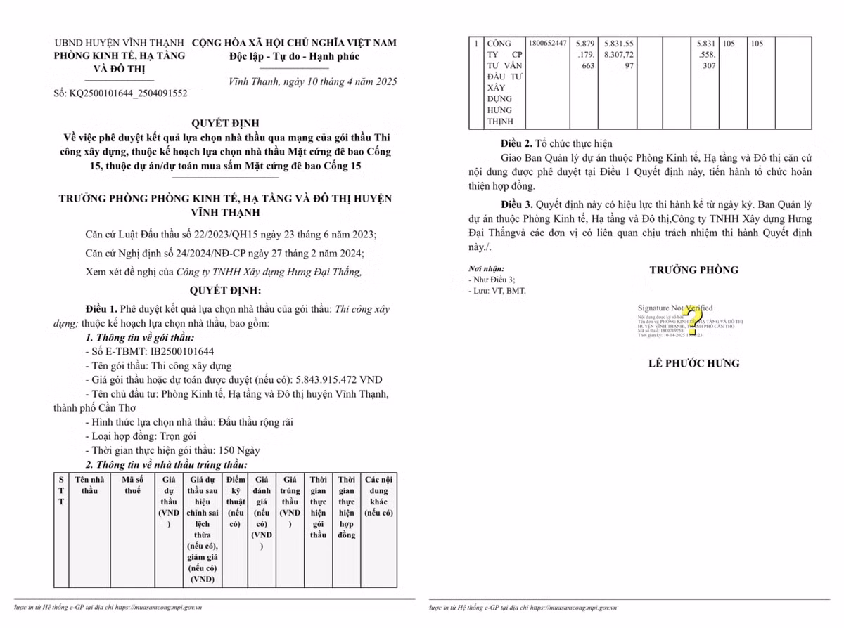 Can Tho: Duy nhat Cty Hung Thinh trung goi thi cong mat cung de bao Cong 15