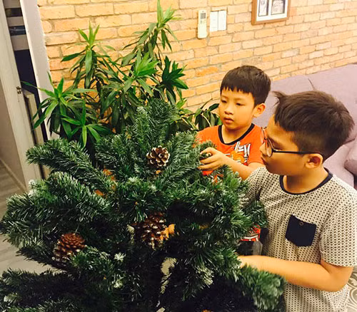 Tự tay Tê Giác ghép cây thông và treo từng món đồ trang trí lên cây.