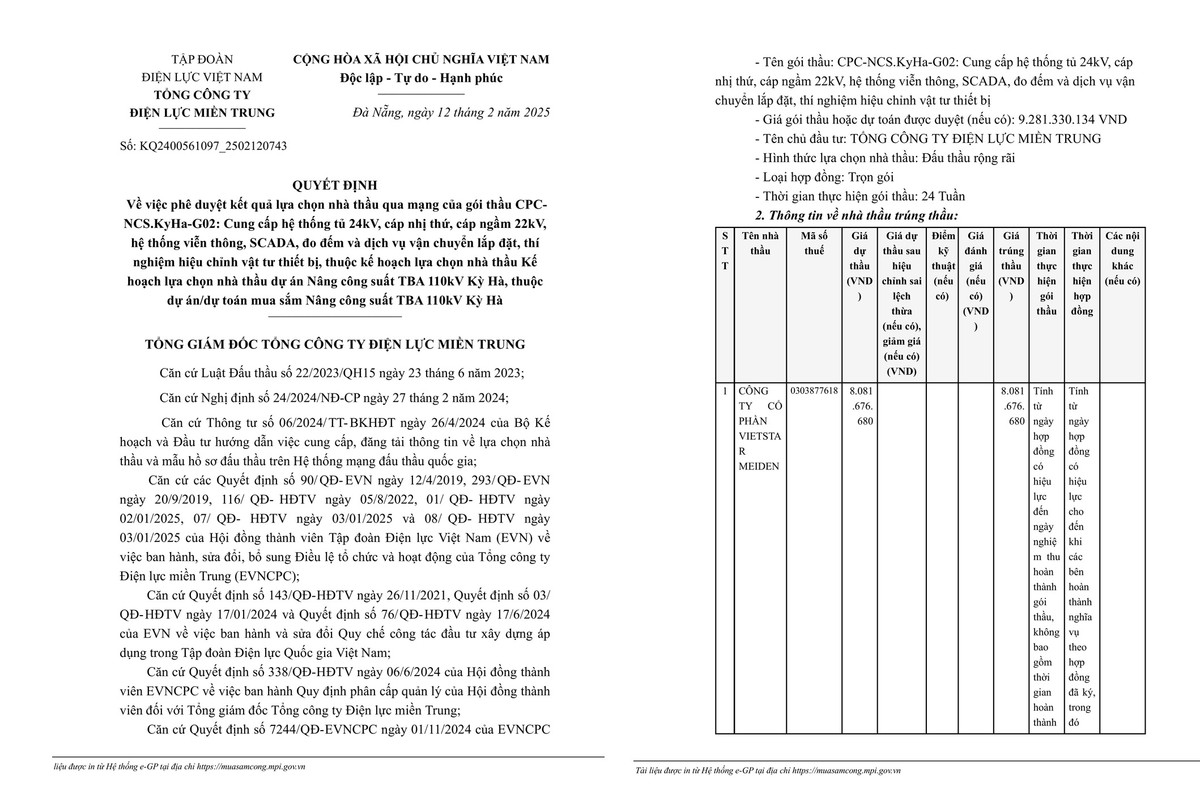 Cong ty Vietstar Meiden trung goi thau mua sam tai Dien luc mien Trung