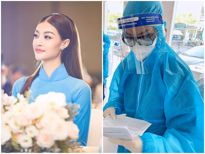 Á hậu Kiều Loan hướng dẫn người dân làm thủ tục, giải đáp các thắc mắc về tiêm ngừa trong chiến dịch tiêm chủng vắc xin phòng COVID-19.