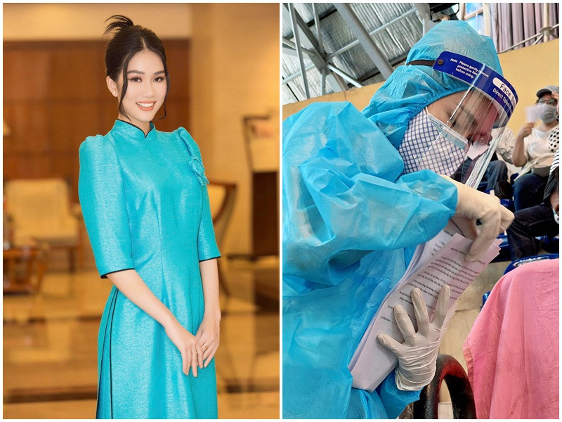 Với khả năng ngoại ngữ của mình, Á hậu Phương Anh tận tình hướng dẫn người nước ngoài trình tự và các thông tin khi tiêm ngừa.