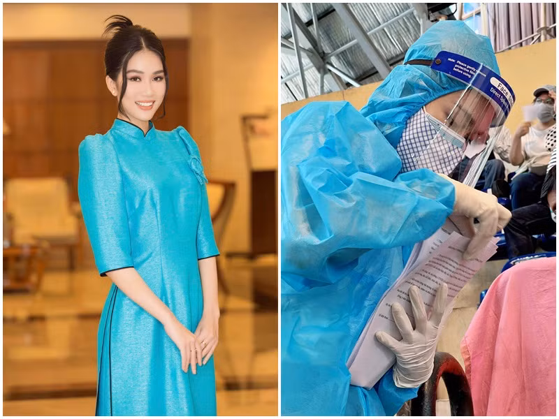 Với khả năng ngoại ngữ của mình, Á hậu Phương Anh tận tình hướng dẫn người nước ngoài trình tự và các thông tin khi tiêm ngừa.